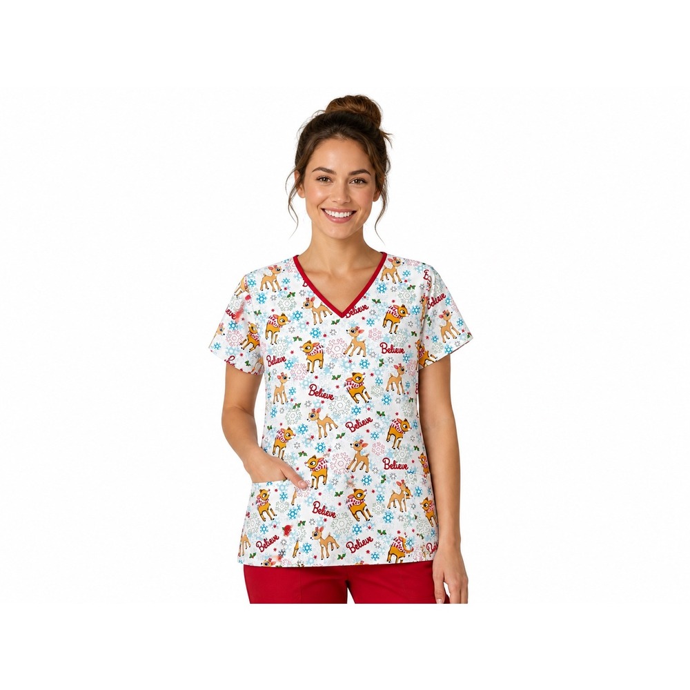 Christmas Scrub Top Women's‎ Large Rudolph Reindeer Believe Holiday